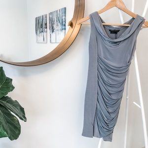 BCBG Grey Ruched BCBG Day Dress w/ Pearl Necklace